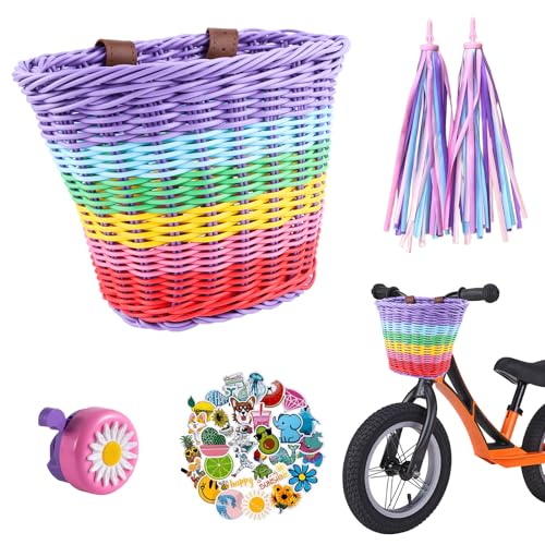 QINGYIWL 1 Set Fahrradkorb Vorne Kinder Abnehmbar, Fahrrad Korb Weidenkorb Vorne mit Glocken und Luftschlangen, Mädchen Fahrrad Korb Zubehör, Regenbogen 7 Farben