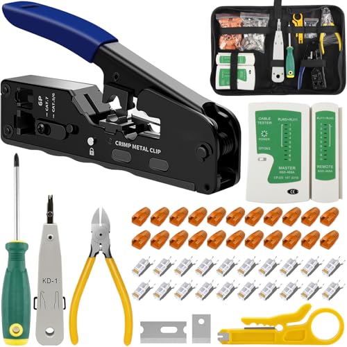Netzwerk Werkzeug Set, RJ45 Crimpzange mit 20 Cat6-Stecker 20 Cat7/Cat6a Lan, Netzwerktester Abisolierzange LSA Auflegewerkzeug RJ11/RJ12 Reparaturwerkzeuge Kabeltester Kit für Netzwerkkabel Wartung