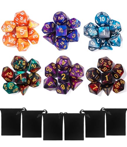 TIDEVAN Polyedrische Würfel,7 x 6(42 Stück) Polyedrische Würfel Set Polyedrische RPG Würfel Würfel Tischspiele mit 6 Schwarze Kordelzugbeutel,für DND MPG MTG Dungeons und Dragons W20 W12 W10 W8 W6 W4