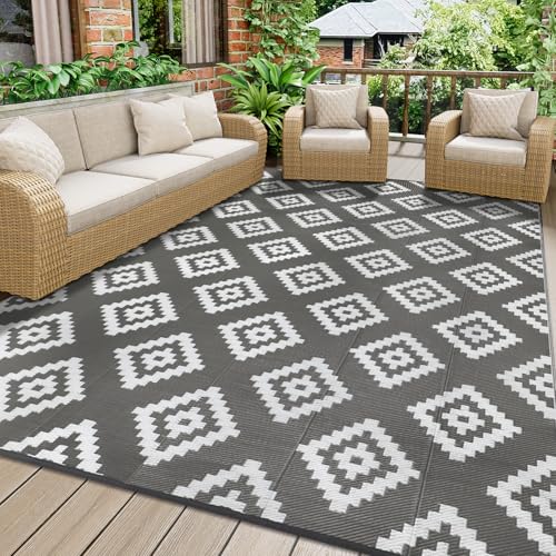 Homcomodar Patio Teppich 150x245cm Outdoor Teppich für Patio Clearance Reversible Matte Kunststoff Stroh Teppiche UV-beständige Camping Matte für Picknick Deck(Grau)