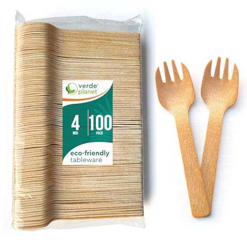 Verde Planet Strapazierfähige, Einweg-Holzgöffel – natürlich, biologisch abbaubar, kompostierbar, umweltfreundlich, Premium-Qualität, 10,2 cm, 100 Stück