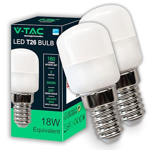 V-TAC 2x Kühlschranklampe E14 2W T26-180 Lumen - LED Lampe 3000K Warmweiß - LED Glühbirne für Kühlschrank - Glühlampen - Energiesparlampe - 2er Pack