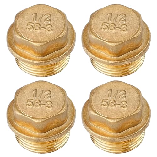 4 Messing-Blindstopfen, G1/2“ (Ø20mm), Messing-Sechskant-Schlauchkappe, Messing-Endstopfen für Rohrverbindungen, Außengewindefittings für Wasserleitungen (Stopfen Ag, 1/2")
