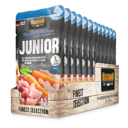 Belcando Junior [12 x 125g Huhn mit Karotten] |Nassfutter für Hunde | Alleinfutter im EInzelportionsbeutel für Hunde