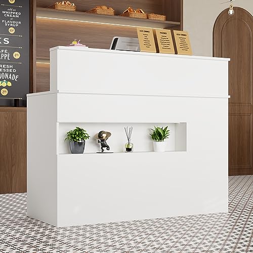 DEZAGCE Empfangstheke, Empfangstresen, Rezeption, Rezeptionstheken, Laden-Theke, Verkaufstheke, Mit Tastaturschublade, Rezeptionsmöbe, weiß, MDF, 100cm X 120 cm X 50 cm