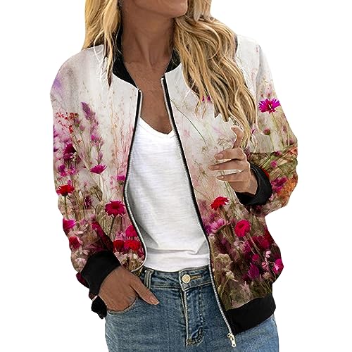 Beokeuioe Blumenmuster Coat Sommer Bomberjacke Damen Blouson Reißverschluss Frühling Jacket Leichte Dünne Übergangsjacke College Jacke Langarm Pilotenjacke Blouson Bikerjacke