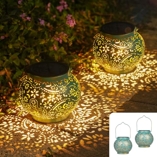 JOYCREATOR Solarlaternen für Außen 2 Stück, IP65 Wetterfest Solar Laterne für Draußen Metall Hängend, LED Orientalische Solarlampen für Außen Garten deko Veranda Balkon Terrasse Geschenk (Türkis)
