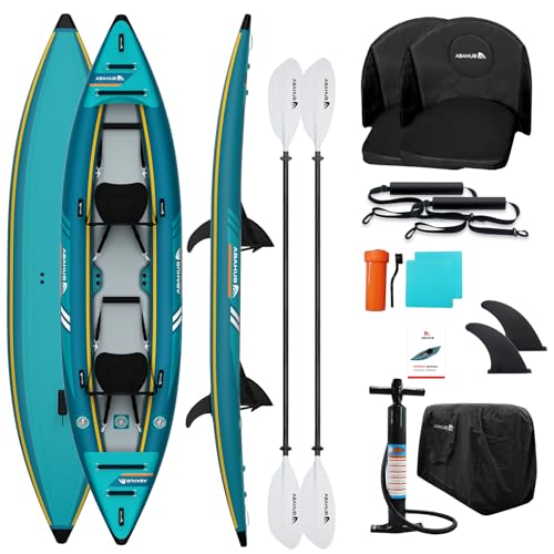 Abahub 420cm Kajak Aufblasbar 2 Personen Inflatable Kayak mit Kajak Paddel, Kajaksitz, Fußstütze, Handpumpe und Tasche für Kajakfahren Kanu Schlauchboot 2 Platz 420x89x23cm Blau