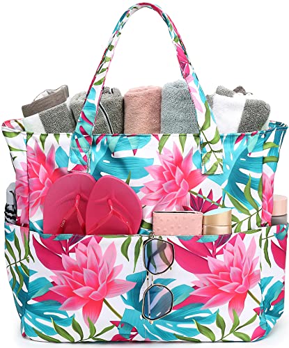 Große Strandtasche Damen Umhängetasche Handtasche wasserdicht sanddicht mit Reißverschluss Strandtasche für Pool Fitnessstudio Reisen mit Nasstasche (Lotus)