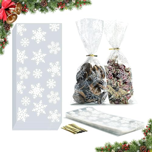 CLHXWU 100 Stück Plätzchentüten Weihnachten,Cellophantüten Mit Twist Krawatten,Schneeflocke Kekstüten Transparent Zum Befüllen,Weihnacht Süßigkeiten Geschenk Taschen