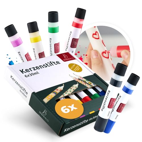 Brandalo® Premium 6er Set Kerzenstifte á 30ml leuchtende Farben – Candle Pen für Kerzen - Taufkerze Selber Machen - Ideal zum Kerzen Dekorieren & Gestalten - Candle Liner – Kerzenfarbe - Kerzenpen