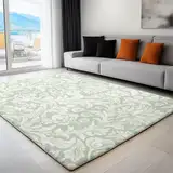 Teppich Kurzflor Wohnzimmer Grau Grün Design Retro Und Zarte Blätter Muster Design Weich Teppich für Schlafzimmer, Esszimmer mit 3D-Optik - Flachflor Bodenbelag Deko 80 x 150 cm