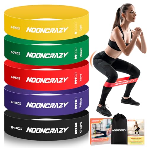 NOONCRAZY Fitnessbänder 5er Set, 100% Naturlatex Resistance Bands mit Übungsanleitung, Gymnastikband 5 Verschiedene Stärken, Widerstandsband für Pilates, Krafttraining, Physiotherapie