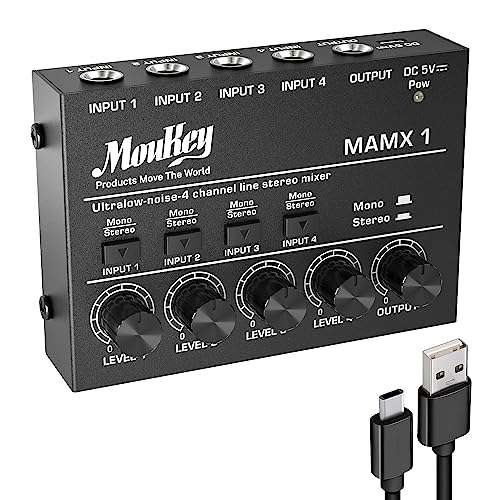 Moukey MAMX1 4 Kanal DJ Mixer Mischpult, Musik Mixer tragbar, Mini Karaoke Mixer, 4 Stereo Mini Audio Mixer für kleine Clubs Bars Gitarre Bass Keyboard und Bühnenmixer, Ultra niedrig Noise