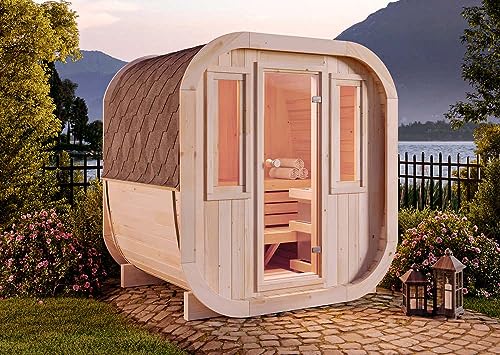 FinnTherm Fasssauna ScandiCube Mini XS, Moderne Outdoor Sauna inkl. Dacheindeckung und Fußboden, Ø 214 x 160 cm, 5 m³ Volumen, Gartensauna mit 42 mm Wandstärke, Außensauna aus nordischer Fichte