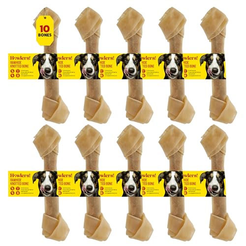 Howlers Pack of 10 Natural Rawhide Knotted 20cm Dog Bones | 8 Inch Dog Bone Made from Natural Ingredients | Dog Chew Bones Perfect for Treat Time