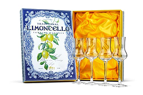 Kristall Limoncello und Digestif Gläser | 4er Set | Kleines 100 ml Likörgläser für Aperitif, Schnapps, Eierlikör, Kirschwasser, Spirituosen | Spülmaschinenfest Bleifreies Schnapsgläser mit Stiel