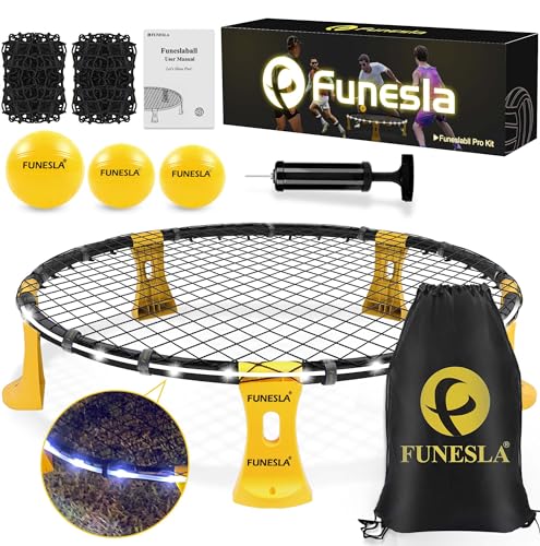 Funeslaball Outdoor Spieleset, Beleuchtetes Roundnet Spieleset Team Games bestehend aus Lichtleiste, Spielnetz & Wettkampfnetz, 3 Bällen, Kordelzug, Ballpumpe, Spiel für Garten, Strand, Park, drinnen