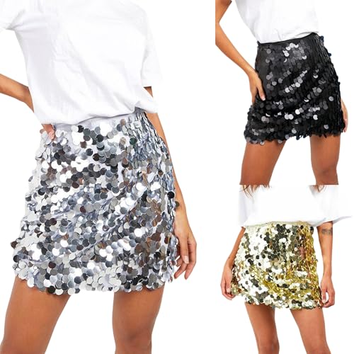 Glitzer Pailletten Rock Damen Karneval Kostüm Minirock Pailettenrock Festlicher Rock Kurz Sequin Skirt Tüllrock Party Rave Outfit Karneval Rock Party Silvester Outfit Bleistiftrock 01 Silber M