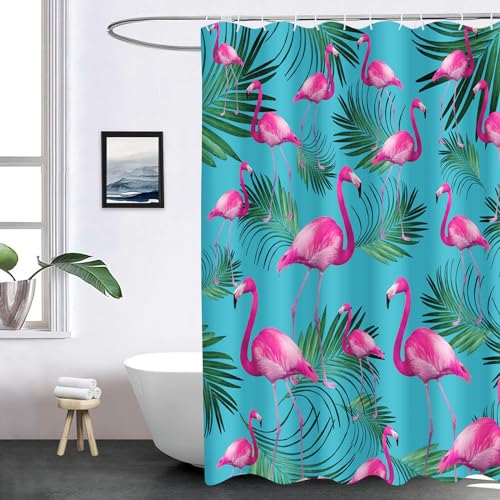 SHROUDEX Flamingo Duschvorhang Tropisch Palme Grüne Blätter Duschvorhänge 180x180 Flamingos Shower Curtains Wasserdicht Flamingo Duschvorhänge Pink 180x200 Textil (2,180 x 200 cm)