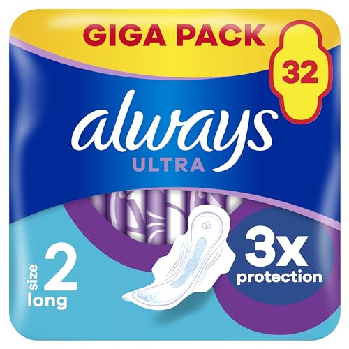 Always Ultra Binden Damen Gr. 2, Long (32 Damenbinden mit Flügeln) Giga Pack, dünn und super saugfähig, geruchsneutralisierend und Auslaufschutz