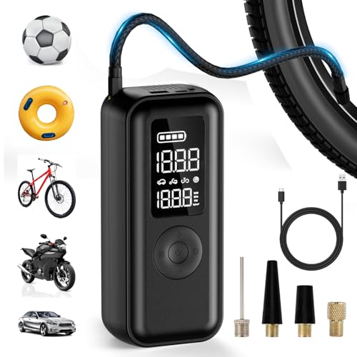 Elektrische Luftpumpe, Fahrradpumpe Elektrisch150PSI, 6000mAh Akku Luftpumpe – LCD Echtzeit-Reifendrucküberwachung, Akku Kompressor mit LED und USB-Ausgang, Geeignet für Fahrräder, Autos, Basketball