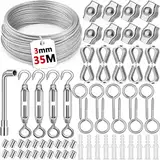 NEMMXUB 35M/3mm Edelstahl Stahlseil Kit, Drahtseil Rankhilfe Set, 304 Drahtseil Edelstahl, Stahlseil Ummantelt mit Ösen Seilspanngarnitur, Drahtseilklemme, Spannschloss, für Gardinenseil Suspension