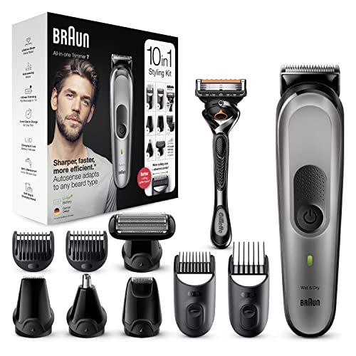 Braun Multi-Grooming-Kit 7, 10-in-1 Barttrimmer, Haarschneider/Haarschneidemaschine, Haarentfernung Herren, Kopf-, Körperhaare, 8 Aufsätze, Vatertagsgeschenk, MGK7320, schwarz/silber