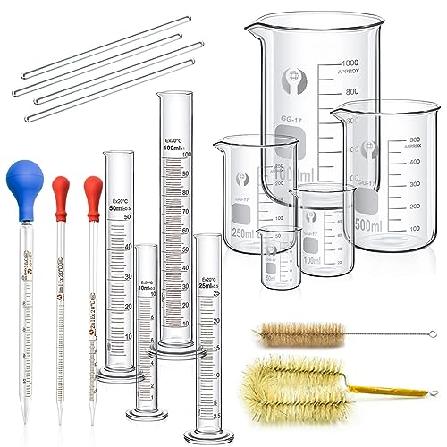 Becherglas Zylinder Pipetten Set, JESSTOLO 5 Stück Dickglas Graduierten Becherglas, 4 Stück Glasmesszylinder mit 3 Stück Glas Messpipetten Pipetten, 4 Stück Glas Rührstab und 2 Stück Waschbürste