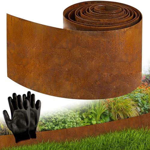 Vehipa Cortenstahl Rasenkante 5m Länge, 14cm Höhe Garten Rasenkante aus Cortenstahl, Rasenkantenband mit Rost inklusive 1 Paar Handschuhe, Beeteinfassung Rasenkanten Mähkante für Garten Dekoration