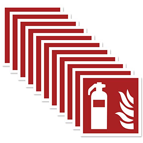 11 x Feuerlöscher Aufkleber (10x10 cm) - Selbstklebend - Alternative zum Feuerlöscher Schild - Brandschutzzeichen nach ISO - UV-Schutz für Innen und Außen - Geschlitzte Rückseite