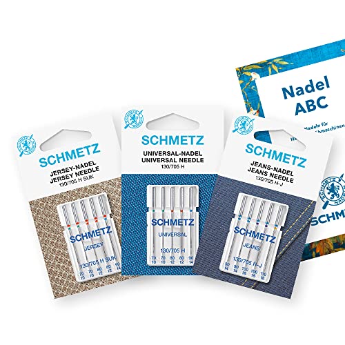 SCHMETZ Nähmaschinennadeln Starter-Set | 5 Universal-Nadeln | 5 Jersey-Nadeln | 5 Jeans-Nadeln | Beliebteste Nadeldicken | Auf allen gängigen Haushaltsnähmaschine einsetzbar | 1 Nadel ABC