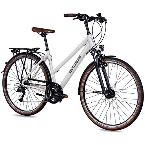 Airtracks Damen Trekking Fahrrad 28 Zoll Trekkingbike TR.2820L City Bike Trekkingrad Shimano ACERA RD-T3000 24 Gang Kettenschaltung Nabendynamo Weiß Matt Damen 48cm Körpergröße 155-170cm