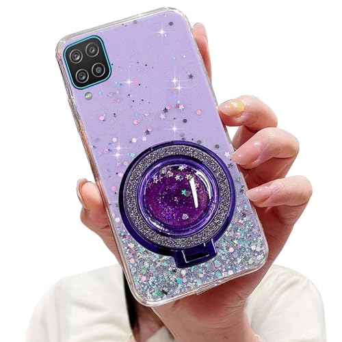 Tivenfezk Nadoli Sparkle Treibsand Ständer Hülle für Samsung Galaxy A12 4G/5G,Versteckt Ständer Ring Klar Glitzer Stern Handyhülle Durchsichtig Bling Schutzhülle Case Cover,Lila