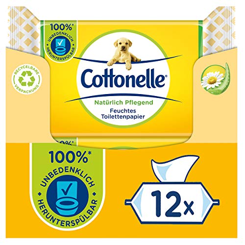 Cottonelle Feuchtes Toilettenpapier, Natürlich Pflegend - Kamille & Aloe Vera, Biologisch Abbaubar, Plastikfrei, Wiederverschließbar, Vorteilspack, 12 x 42 Feuchttücher