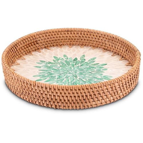Decorasian Vintage Tablett aus Rattan mit Muschel Mosaik – Dekotablett und Serviertablett mit Griff im Boho Stil - Durchmesser 30cm