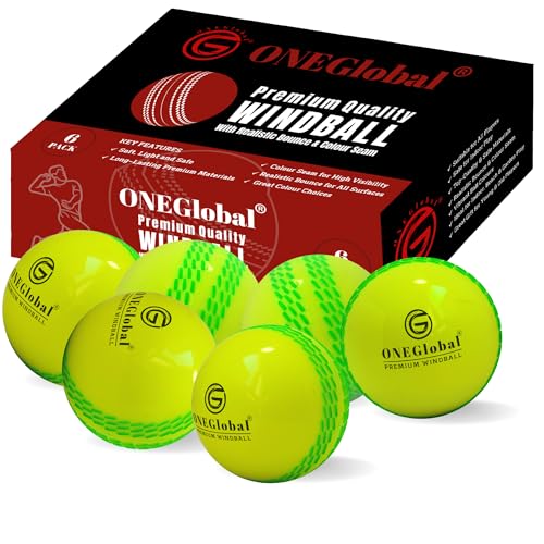 ONEGlobal Premium Windball Weiche Cricketbälle | Langlebig & sicher, farbige Naht, realistischer Sprung & Schwung | Indoor-/Outdoor-Coaching, Training, Garten & Strandspiele (6 Fluoro-Gelb)