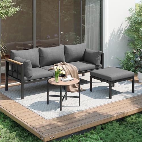 Gegtuon Gartenmöbel Sitzgruppe 3-teilige für Garten für 3-4 Personen, Möbel Lounge Outdoor für Balkon mit Tisch, Sofa & Kissen, Essgruppe Gartenlounge mit Hocker & Couchtisch, Gartenmöbel-Set, Grau