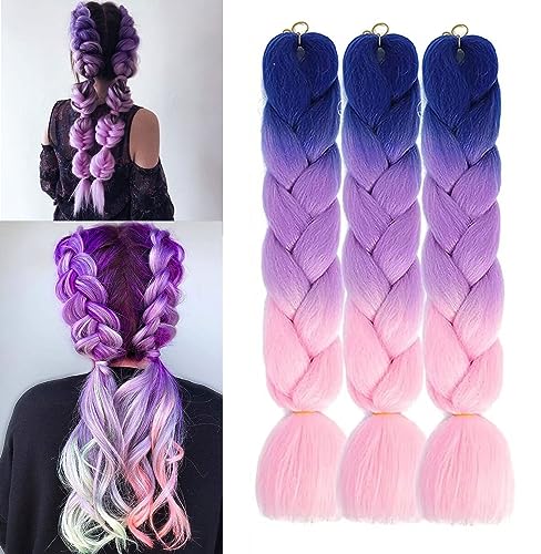 TuChing 3 Stücke Jumbo Braid Kunsthaar 24 ZollKanekalon Haar Flechten Extensions Für Crochet Twist Flechten Haar Bunt Farbe (Dunkelblau über Hellviolett bis Hellrosa)