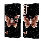 Rnrieyta Miagon Kickstand Flip PU Leder Schutzhülle für Samsung Galaxy S24 Plus,Bunt Muster Hülle Brieftasche Case Cover Ständer mit Kartenfächer,Rose Gold Schmetterling