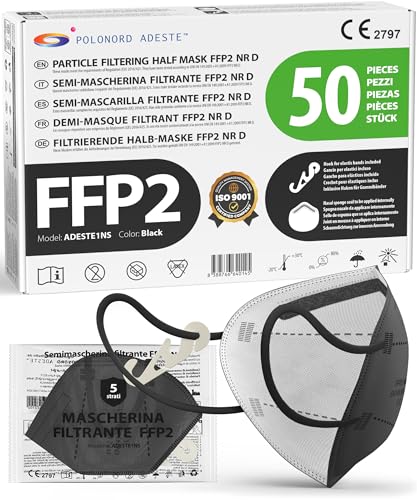 ADESTE – 50x FFP2 Maske, Hygienische 5-lagige Staubschutzmaske, EN149:2001+A1:2009 Mundschutzmaske EU2016/425, Schwarz, Atemschutzmaske, Einzelne versiegelte Beutel