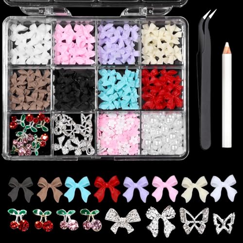 Yeomju 3D Schleifen Nägel Charms, Rosa Farbe Weiß Rot Schwarz Schleifen Blumen Perlen Nägel Charms, Mischfarben Nägel Charms Schmetterling Kirsche Legierung Silber