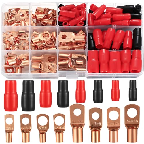 Rohrkabelschuh Set, 120 Stück Rohrkabelschuhe Kabelschuhe Set, Bolzenloch verzinnte Kupferklemmen Quetschverbinder Kabelschuh Set, 60 Stk Batterie SC Terminals + 60 Stk Isoliertüllen Sleeve