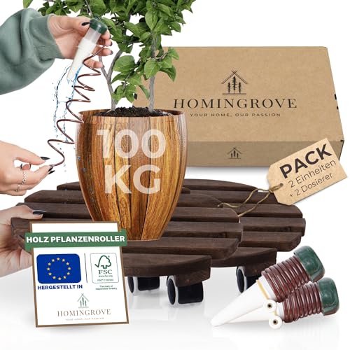 Homingrove 2X Pflanzenroller Outdoor Wetterfest 30cm, FSC-Erle, UV & feuchte & schimmelresistent, 100kg, Made in EU, Set mit Wasserspender - Pflanzenroller Rund - Rollbrett Pflanzen - Blumenroller