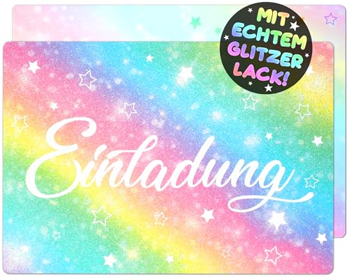 12x GLITZER Regenbogen EINLADUNGSKARTEN KINDERGEBURTSTAG Mädchen Junge - die Rainbow PARTY Karten sind die Regenbogen EINLADUNG für Mädchen Kinder GEBURTSTAG Einladung Regenbogen Glitzerlack Sterne