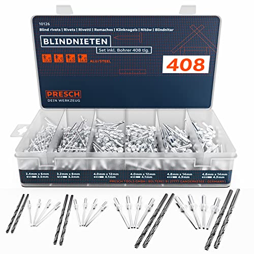 Presch Blindnieten Set 408tlg. inkl. 8 HSS Bohrern - 400 Alu/Stahl Nieten Sortiment 2,4mm, 3,2mm, 4,0mm und 4,8mm und 8 passende HSS Bohrer 2,5mm, 3,3mm, 4,1mm, 4,9mm