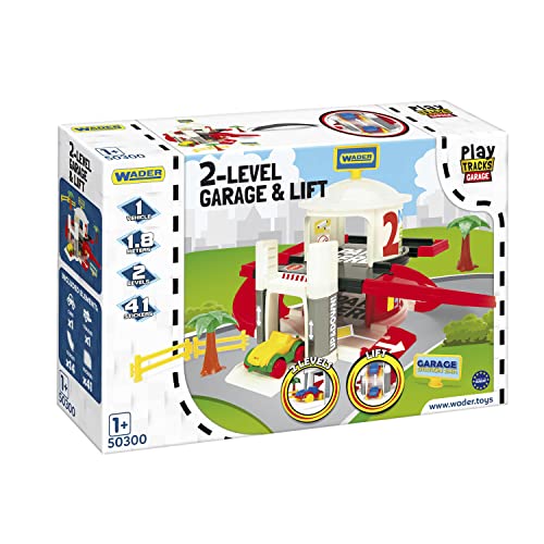 Wader 50300 Play Tracks Garage 2 Ebenen, Parkhaus mit 1,8 m Zugangsweg, H = 34 cm, inkl. Aufzug, Kinderauto, Dekorationen und Aufkleber, ab 1 Jahren, Mehrfarbig, Standard