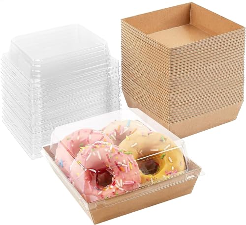 Leslady 50 Stück Charcuterie Boxen mit Klaren Deckeln, 12cm Papier Bäckerboxen Dessertboxen Lebensmittelbehälter für Keks, Kuchenscheibe, Mini-Kuchen, Schokolade Erdbeere