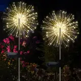 2 Stück Solar Gartendeko 120 LED Solarleuchten Feuerwerk 8 Modi Solarleuchten Feuerwerk Solar Gartenleuchten Gold Edelstahl Werbeschraube Nagel Schilder Abstandshalter Schilderhalter