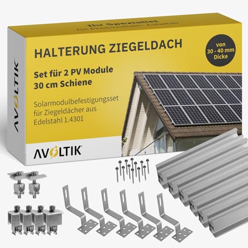 Avoltik Solar Halterung Ziegeldach I Set für 2 PV Module 30-40mm I Solarmodul Halterung Balkonkraftwerk I Solarmodulbefestigungsset für Ziegeldächer aus Edelstahl 1.4301 I PV-Halterung Montageset